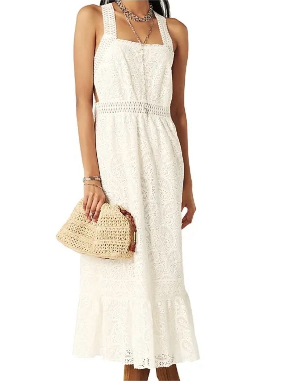 High End $495 BA&SH AUSTIN Long off White Lace Cutout long Midi Dress NWT 0-2 XS